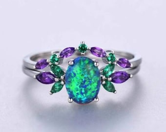 Natural Blue Opal Ring Set Opal Engagement Ring White Gold Emerald Amethyst Curved Stacking Matching Band Floral Anniversary Gift for Women