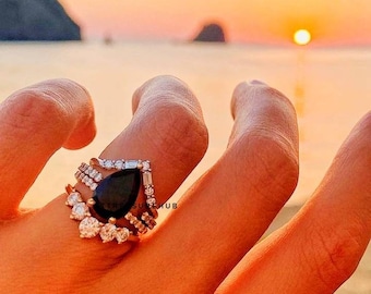 Pear cut Black Onyx engagement ring set vintage Moissanite Diamond rose gold ring Curved stacking matching band Bridal gift for women