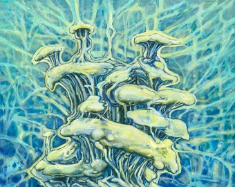 Surreal Mushroom/Organic Psychedelic Original Oil Painting, Archival Giclee Print - 11x14"