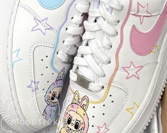 Nike air force 1, Custom Shoes, Labubu Big Into Energy, PopMart, School, Exciting Macaron, Have a Seat, Cartoon, Monsters, Lilac, Blue, Pink
