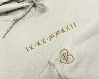 Custom Roman Embroidery Numerals, Numbers Hoodie, Sand Beige Gold Color, Couples Anniversary Gift, Personalized Custom, Date, Initials Heart