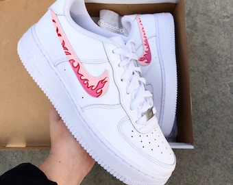 Custom nike air force 1 sneakers, hand painted, pink fire flames customs