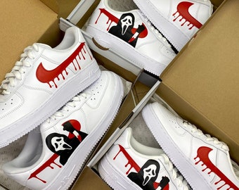 nike air force 1, custom sneakers, ghost, red blood splatters, scream movie, scary halloween