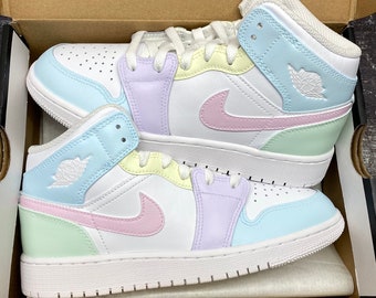 Custom Jordan 1 Mid, Rainbow Pastel Colors, Back to School, Nike Air, Easter Style, Girls, Womens, Mens, Lilac, Pink, Blue, Green, Yellow