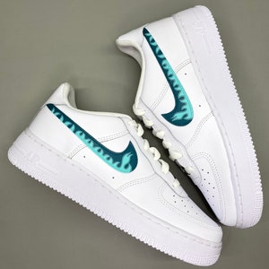 Nike air force 1, custom sneakers, hand painted, blue green turquoise blue flames, fire aesthetic, womens mens, birthday, wedding shoes