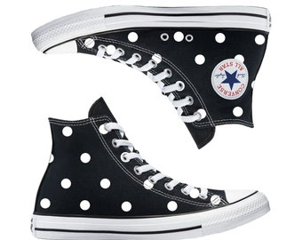 Custom Chuck Taylor, All Star Hi, Converse Black, Polka dots, Hand Painted