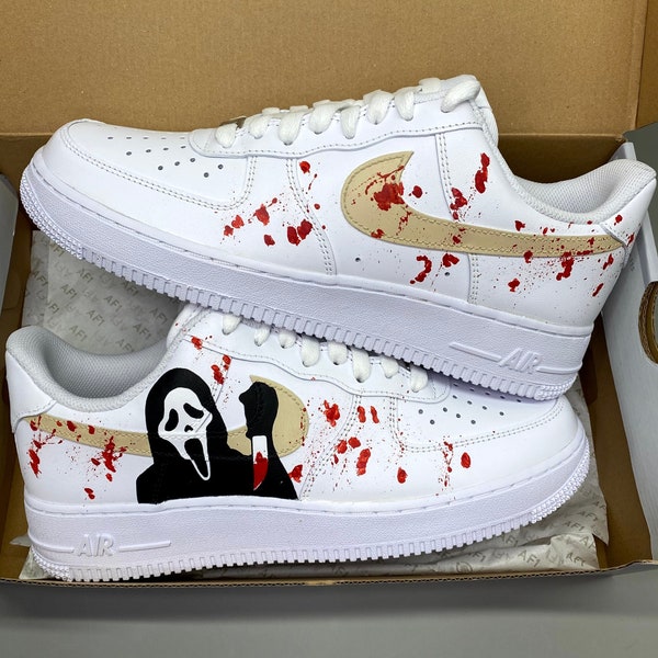 nike air force 1, ghostface, beige, custom sneakers, scream horror scary movie