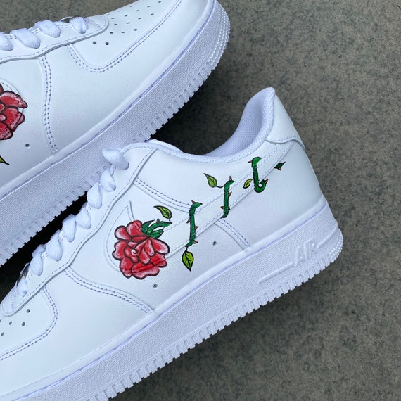 Custom Nike Air Force 1 Sneakers – Red Rose with Thorns & Leaves – Wedding Shoes – Handmade Floral Shoes
