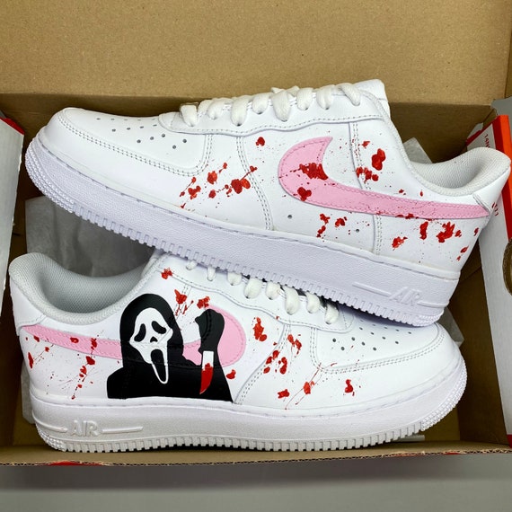 Nike Air Force 1, Custom Sneakers, Pink Ghostface, Red Blood Splatters,  Scream Movie, Scary Halloween 