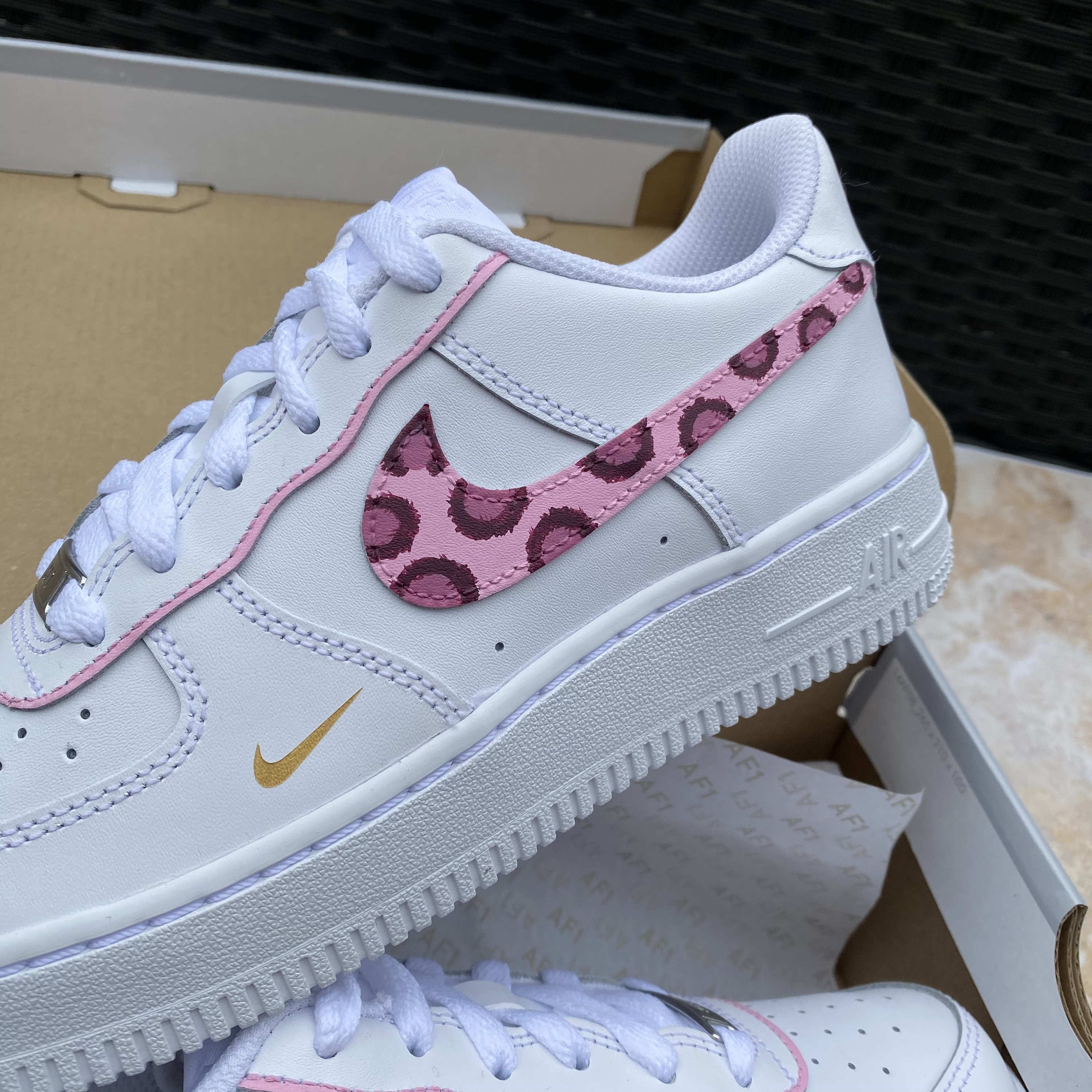 Nike Air Force 1 Custom Shoes Pink Leopard Swoosh Print Drip Sneakers All  Sizes