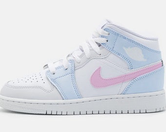 Jordan 1 Mid, Custom sneakers, light grey, blue, pink