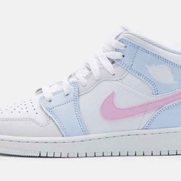 Jordan 1 Mid, Custom sneakers, light grey, blue, pink