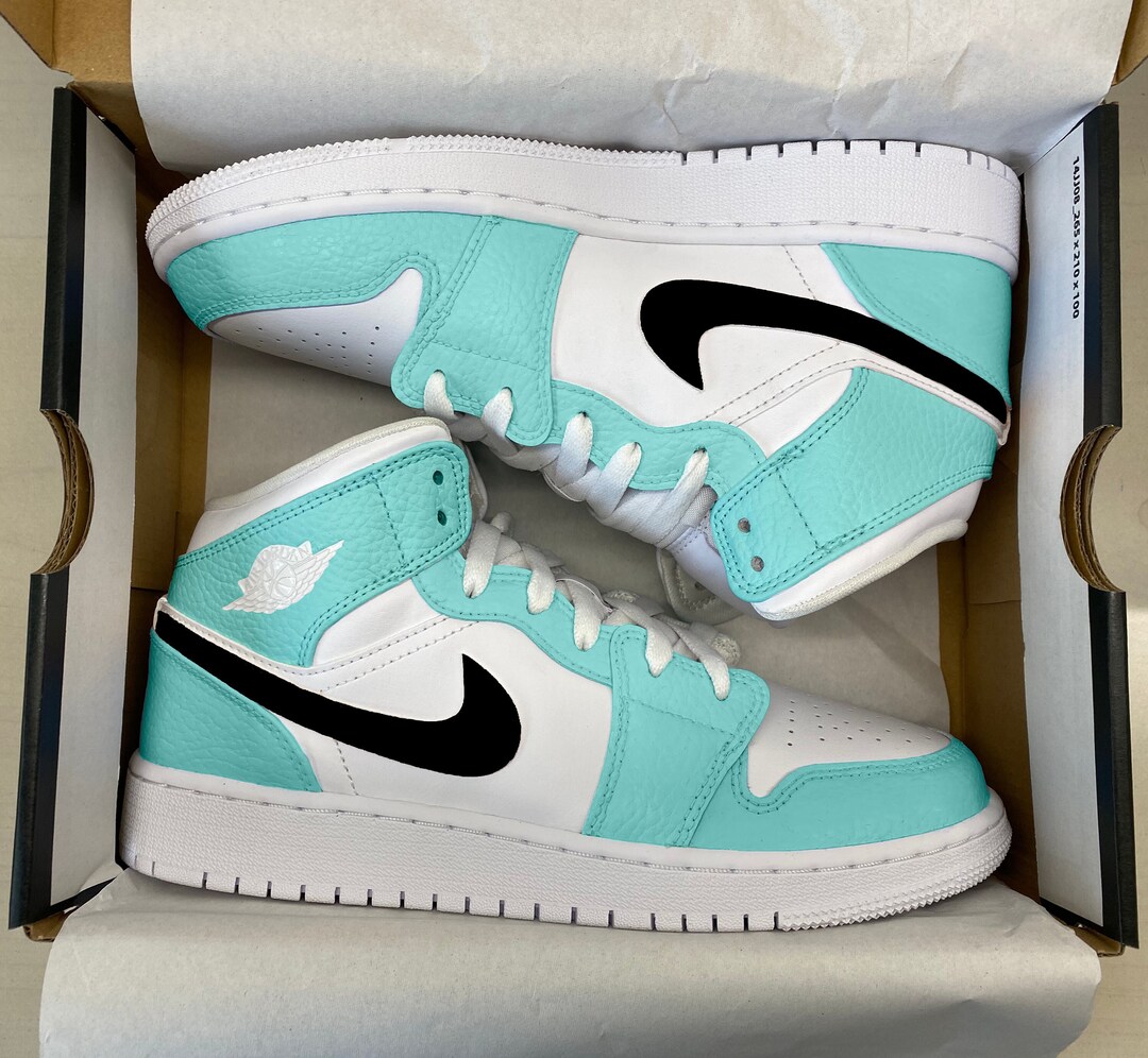 Custom Air Jordan 1 Mid Blue Green Turquoise Etsy