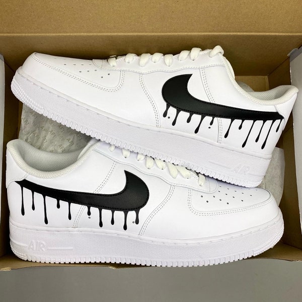 Nike air force 1, Black drip swoosh, Custom sneakers, shoes