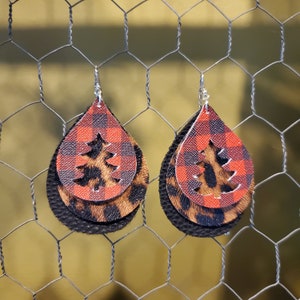 Red and Black Buffalo Plaid, leopard print, black Faux leather teardrop earrings