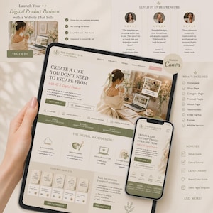 Op de afbeelding: Een website-sjabloon voor een digitaal productbedrijf weergegeven op een tablet en smartphone. De interface heeft een neutraal kleurenpalet, de tekst Create a Life You Don't Need to Escape From en secties voor digitale producten, menu's en recensies.