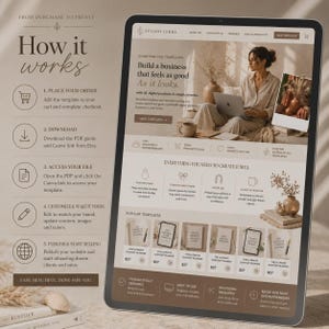 May include: A digital tablet displaying the Studio Terra website, featuring a neutral colour palette and a step-by-step guide titled How it works. The screen shows sections for done-for-you templates, popular content planners, and business tools.