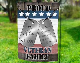 12x18 Garden Flag Sublimation Design Proud Veteran Family Dog Tags USA Red White Blue Faux Wood Sublimation Design Digital Download PNG