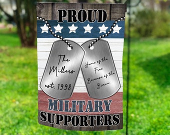 12x18 Garden Flag Sublimation Design Proud Military Supporter Dog Tags USA Red White Blue Faux Wood Sublimation Design Digital Download PNG