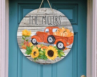 Round Door Hanger Fall Sunflower Truck Pumpkin Patch Sublimation Design for 12 inch Round Hardboard Blanks PNG Digital Download