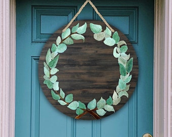 Puerta redonda colgante de madera sintética con Eucelyptus Wreath centro en blanco para Aparecium Design Co Blank Digital DOwnload PNG