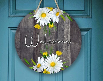 Round Door Hanger Sublimation Farmhouse and Faux Wood Daisy Floral Sublimation Design for 12.25" Round Door Blank Digital Design PNG