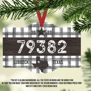 May include: A black and white checkered Christmas ornament with a wood-grain background. The ornament features the numbers "79382", the words "Lubbock, Texas", and a star-shaped outline of the state of Texas. The ornament also includes the years "20" and "22" at the top.