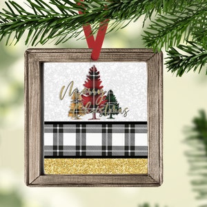 Square Christmas Ornament Faux Wood Frame Christmas Tree Plaid  Glitter Ornament Sublimation Design PNG Ornament Sublimation