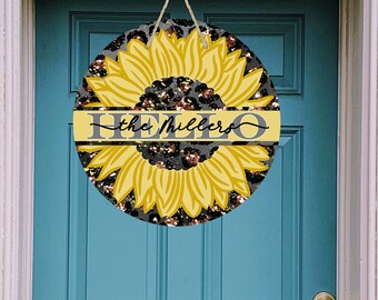 Round Door Hanger Sunflower and Leopard Split Hello Sublimation Design for 12 inch Round Hardboard Blanks PNG