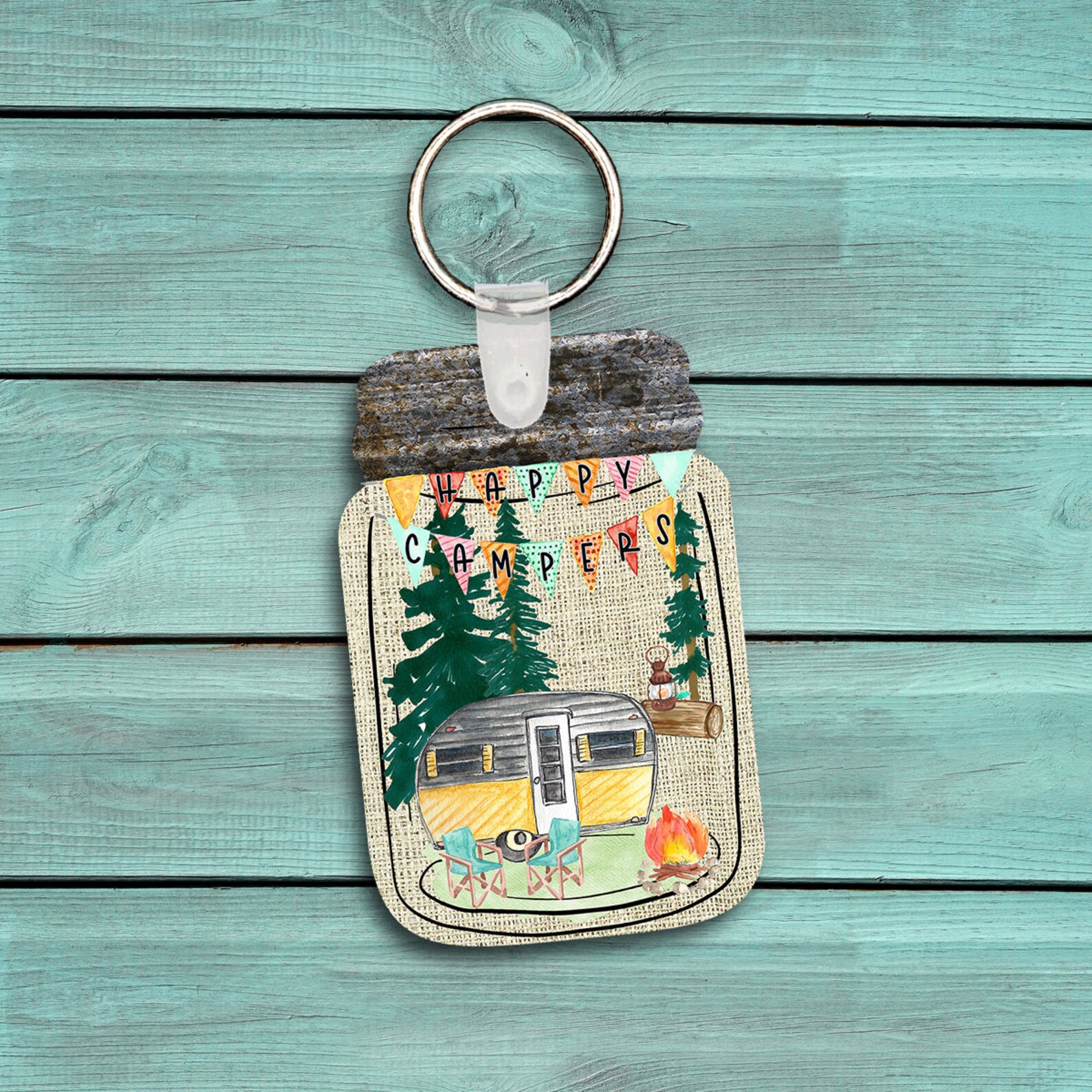 Mason Jar Keychain Happy Camper Sublimation Digital Design for Etsy