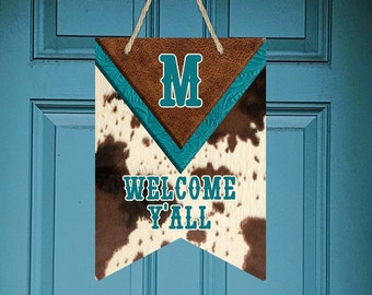 Bunting Door Hanger Farmhouse Western Cow Hide and Leather Sublimation Design for Aparecium Design Co blank Digital Download PNG