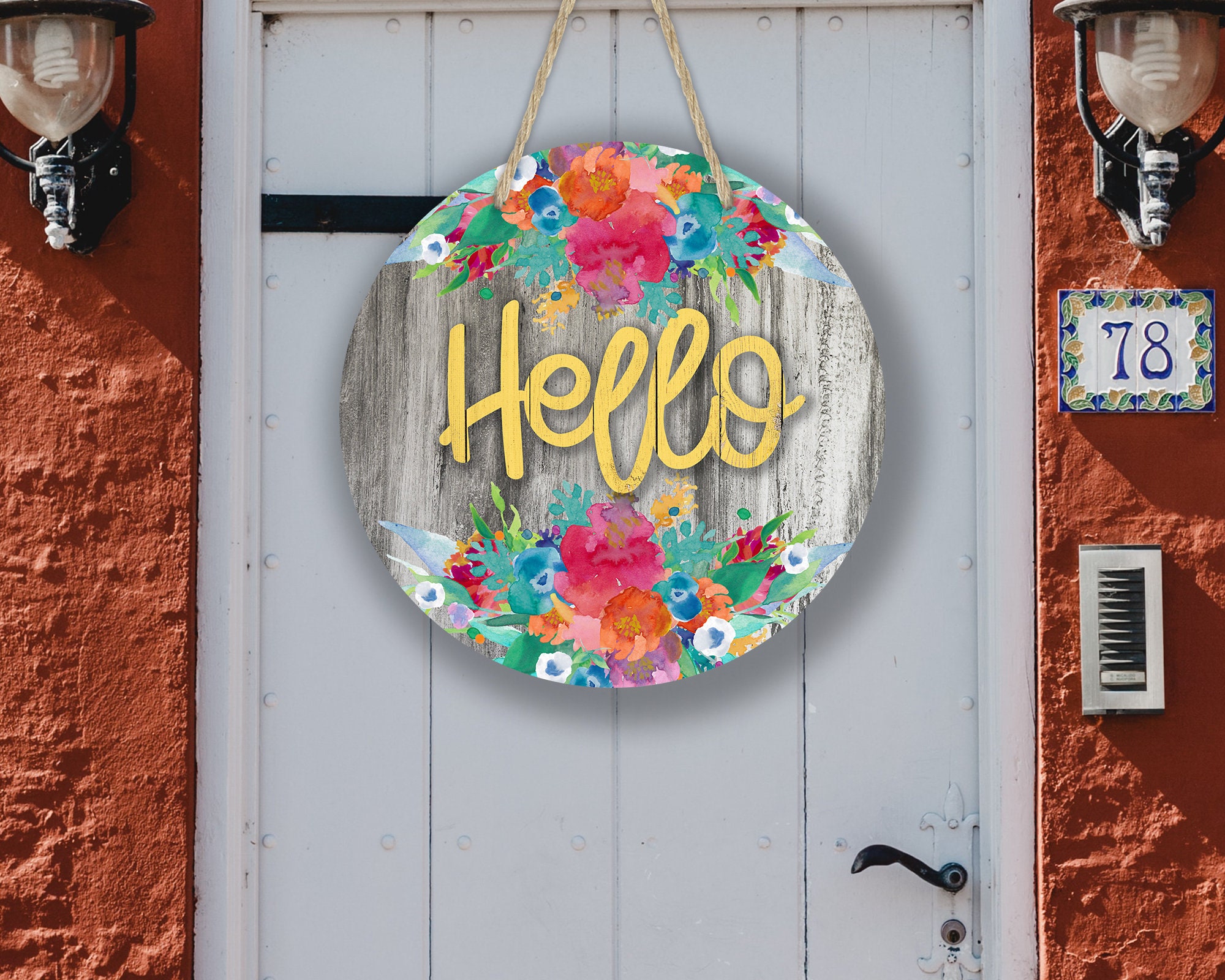 Round Door Hanger Sublimation Hello With Bright Flowers for Etsy