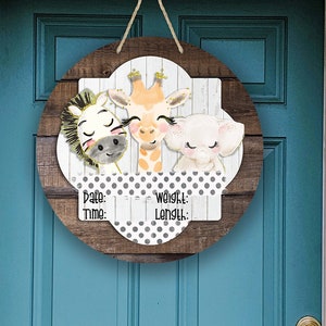 Round Sublimation Door Hanger Zoo Baby Birth Stat Faux Wood for Personalization for 12 inch hardboard Circle Blank Ashley Dodd Birth PNG