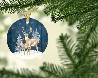 Deer Round Ornament Sublimation Design for Christmas Tree Winter Scene PNG to fit Ashley Dodd Round Blank Aparecium Design Co