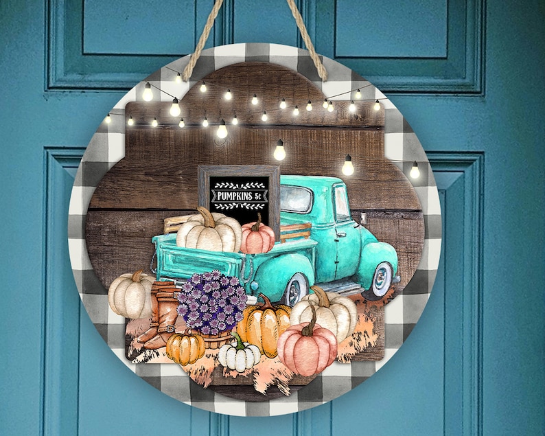 Round Sublimation Door Hanger Fall Buffalo Plaid Wood Teal Etsy