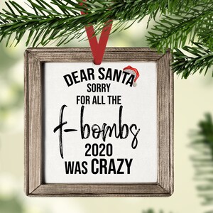 May include: A wooden framed Christmas ornament with the text "Dear Santa Sorry for all the f-bombs 2020 was crazy" and a small red Santa hat.