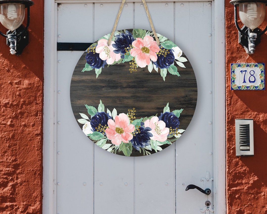 Round Door Hanger Sublimation Blank Dark Faux Wood With Floral to