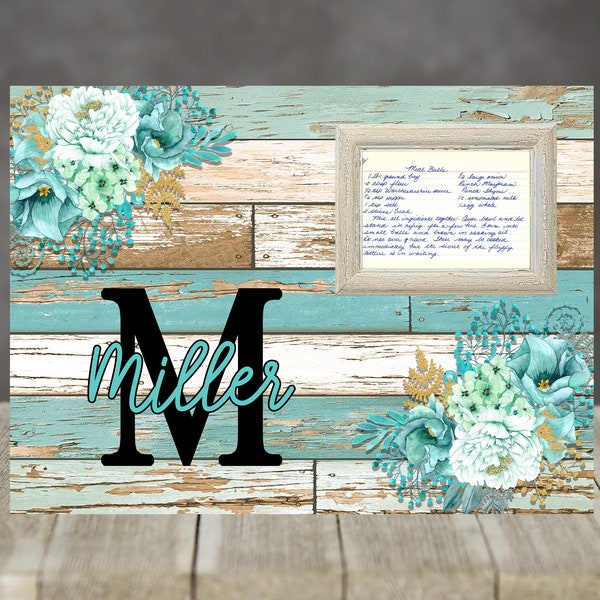 Glass Sublimation Cutting Board Multi Teal Rustic Wood and Floral Desgin for you to add Recipe or Pictures Instant Download PNG DIGITAL