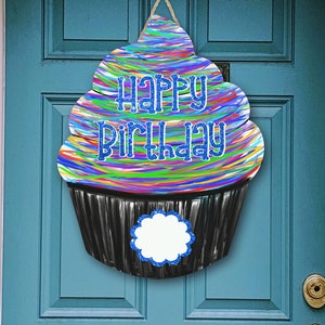 Cupcake Door Hanger Colorful Swirl Happy Birthday Sublimation Design Bundle for Aparecium Design Co Blanks Instant Download Png