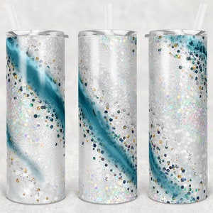 20 oz Skinny Tumbler White Glitter Teal Milkyway Background Sublimation Design Digital Download PNG Warp and Straight