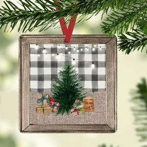 Square Christmas Ornament Faux Wood Frame Christmas Tree Plaid Presents Ornament Sublimation Design PNG Ornament Sublimation