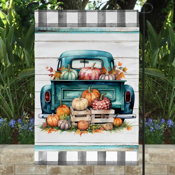 12x18 Garden Flag Sublimation Design Blank Fall Burlap Pumpkins in Teal Truck Digital Download PNG for Polyester Flag Digital ONLY