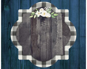 Blank Faux Wood Door Hanger in Buffalo Plaid and Flowers Monogram Quatrefoil Design for Sublimation Digital Design for Aparecium PNG Blank