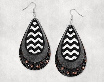 Tear Drop Earring Glitter Leopard Leather and Chevron Layered Design for Aparecium Design Co Blanks Lg Tear size down for sm or med PNG