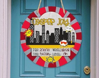Sublimación redonda Colgador de puerta Superhéroe Estadística de nacimiento de bebé para personalización para Aparecium Design Co Circle Blank Ashley Dodd Birth Stat PNG