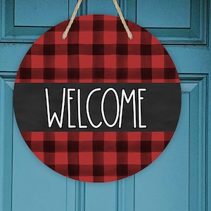 Round Sublimation Door Hanger Red Black Plaid Welcome and Blank Design for Personalization for Aparecium Design Co Blanks PNG Digital image 1