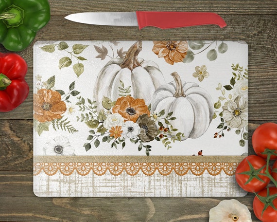 Fall Floral and Pumpkin Burlap Halloween Pretty Kitchen Cutting Board Blank  Sublimation Design Can Be Resized PNG Fits Large Boards 