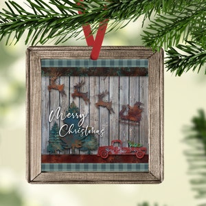 Square Christmas Ornament Faux Wood Frame Rustic Farmhouse Christmas Santa Ornament Sublimation Design PNG Ornament Square Sublimation