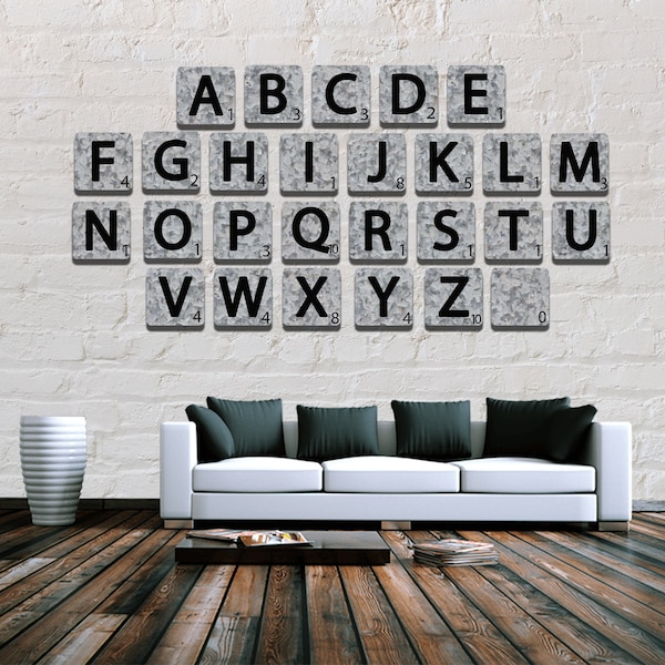 Scrabble Tile Galvanized Sublimation Design Full Alphabet Set and one Blank for Aparecium Design Blanks Png Sized at 6 inches can be resized