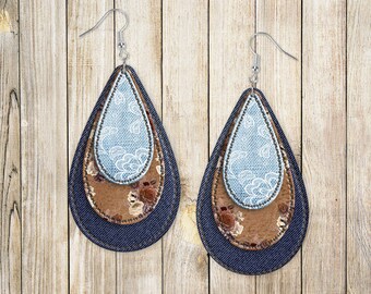 Tear Drop Earring Sublimatie Denim en Faux Leather Layered Design voor Aparecium Design Co Blanks Digital Download PNG